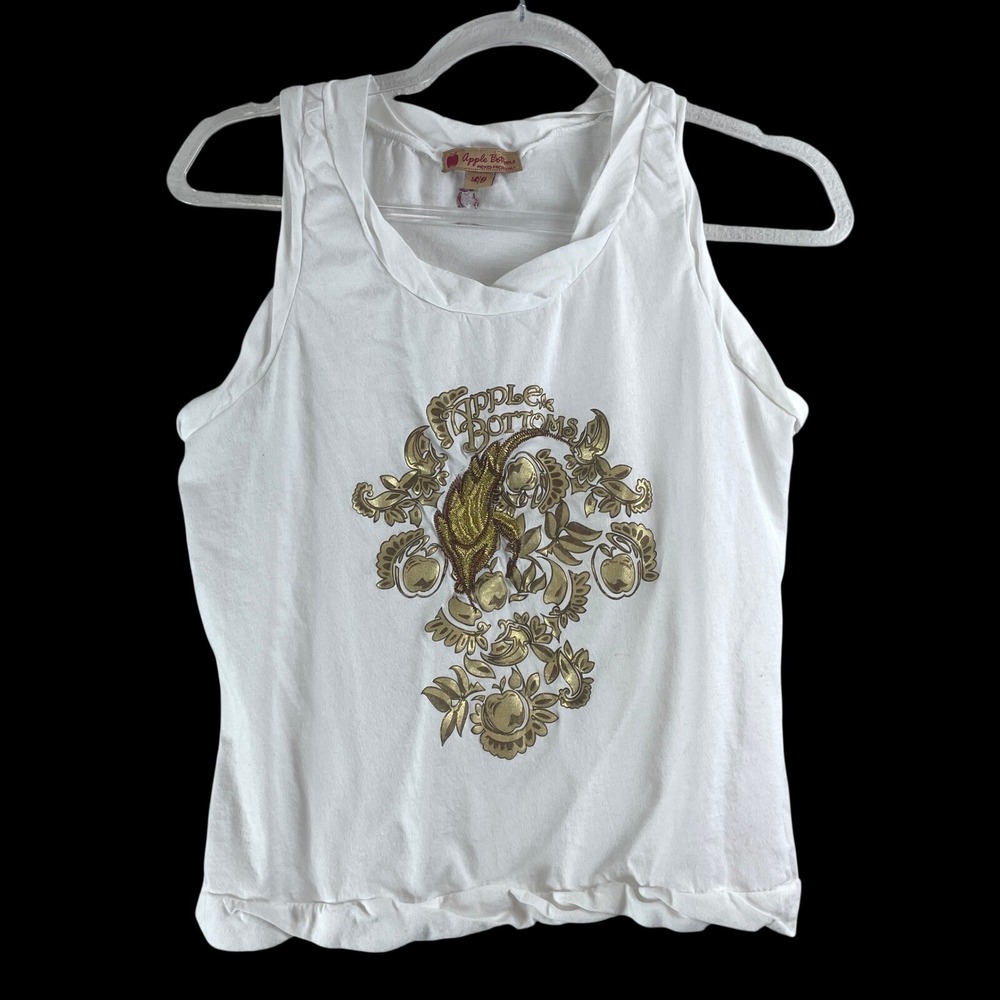 VTG Apple Bottoms Womens White Gold Foil Embroidered Tank Top Size L Y2K McBling